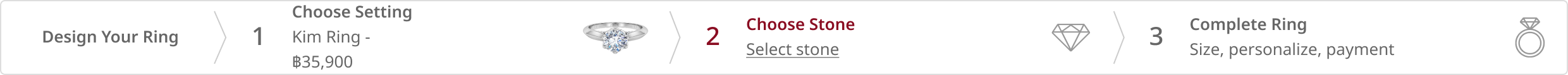 Three steps: Choose Setting, Choose Stone, Complete Ring