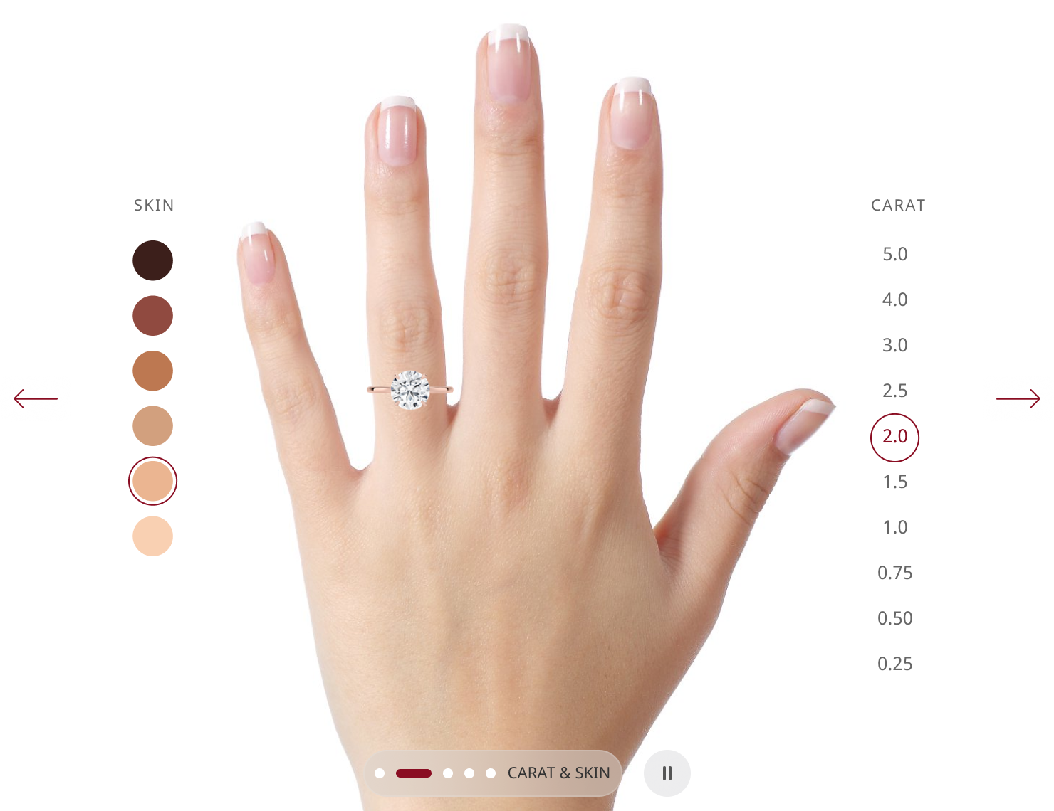 Virtual ring preview with skin tone, metal color, and carat controls
