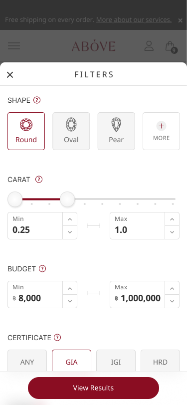 Mobile diamond filter panel with essential controls and a results button